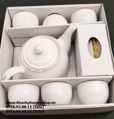 bộ ấm trà sứ trắng Minh Long viền vàng 0.8L - bộ ấm trà sứ Minh Long viền chỉ vàng