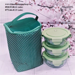 bộ 3 hộp đựng cơm thủy tinh kèm túi giữ nhiệt - hộp đựng cơm thuỷ tinh