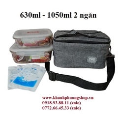 bộ 2 hộp thủy tinh Lock&Lock chia ngăn kèm túi giữ nhiệt - hộp đựng cơm thủy tinh Lock&Lock
