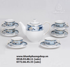 bộ ấm trà Tứ Linh viền vàng sứ Minh Long - bộ ấm trà tứ linh sứ minh long