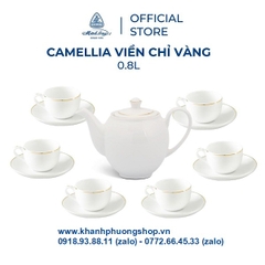 bộ ấm trà sứ trắng Minh Long viền vàng 0.8L - bộ ấm trà sứ Minh Long viền chỉ vàng