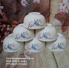 bộ 10 chén cơm sứ hoa đào hồng 11.5cm - chén cơm sứ hoa đào hình chim xanh