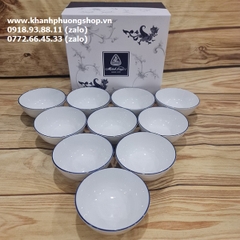 bộ 10 chén cơm sứ Minh Long viền xanh dương - chén cơm sứ Minh Long viền chỉ xanh dương