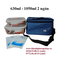 bộ 2 hộp thủy tinh Lock&Lock chia ngăn kèm túi giữ nhiệt - hộp đựng cơm thủy tinh Lock&Lock