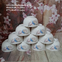 bộ 10 chén cơm sứ hoa đào hồng 11.5cm - chén cơm sứ hoa đào hình chim xanh