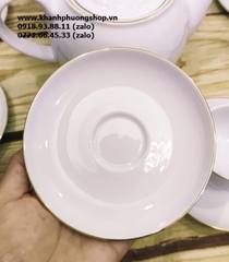 bộ ấm trà sứ trắng Minh Long viền vàng 0.8L - bộ ấm trà sứ Minh Long viền chỉ vàng