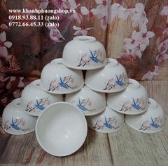 bộ 10 chén cơm sứ hoa đào hồng 11.5cm - chén cơm sứ hoa đào hình chim xanh