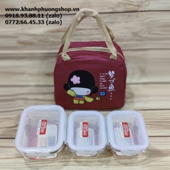 bộ 3 hộp thủy tinh chịu nhiệt lock&lock 420ml và túi giữ nhiệt
