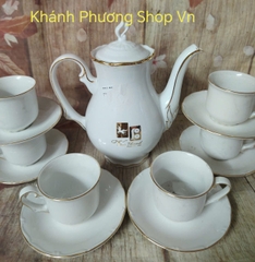 Bộ trà Tiệp Viền Vàng 1.2L gốm sứ Minh Long in logo nhãn hàng