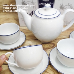 bộ ấm trà sứ Minh Long viền chỉ xanh dương - bộ ấm trà sứ minh long viền chỉ xanh