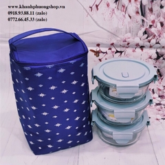 bộ 3 hộp đựng cơm thủy tinh kèm túi giữ nhiệt - hộp đựng cơm thuỷ tinh