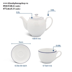 bộ ấm trà sứ Minh Long viền chỉ xanh dương - bộ ấm trà gốm sứ Minh Long viền xanh dương