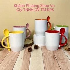 Bộ ly sứ trắng tráng màu kèm muỗng cao cấp