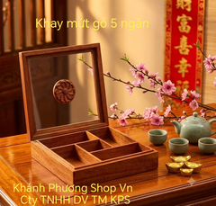 Khay mứt gỗ hình vuông 5 ngăn kèm nắp kính cao cấp