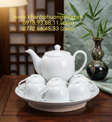 Bộ ấm trà sứ trắng Minh Long 0.5L - bộ khay trà sứ trắng minh long