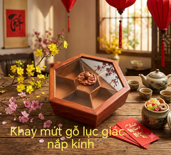 Khay mứt gỗ lục giác 6 ngăn kèm nắp kính cao cấp