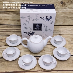 bộ ấm trà sứ trắng Minh Long viền vàng 0.8L - bộ ấm trà sứ Minh Long viền chỉ vàng