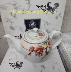 Ấm trà họa tiết hoa đào 0.8L viền vàng gốm sứ Minh Long