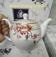 Ấm trà họa tiết hoa đào 0.8L viền vàng gốm sứ Minh Long