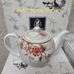 Ấm trà họa tiết hoa đào 0.8L viền vàng gốm sứ Minh Long