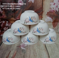 bộ 10 chén cơm sứ hoa đào hồng 11.5cm - chén cơm sứ hoa đào hình chim xanh