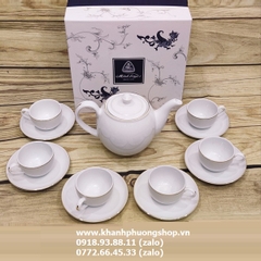 bộ ấm trà sứ trắng Minh Long viền vàng 0.8L - bộ ấm trà sứ Minh Long viền chỉ vàng