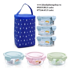 bộ 3 hộp đựng cơm thủy tinh kèm túi giữ nhiệt - hộp đựng cơm thuỷ tinh