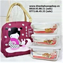 bộ 3 hộp thủy tinh lock&lock 420ml kèm túi giữ nhiệt