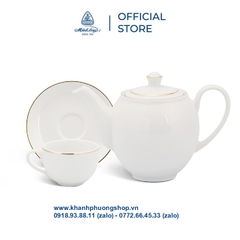 bộ ấm trà sứ trắng Minh Long viền vàng 0.8L - bộ ấm trà sứ Minh Long viền chỉ vàng