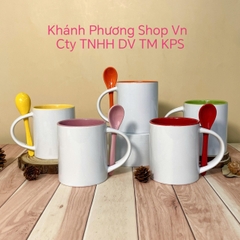 Bộ ly sứ trắng lòng tráng màu kèm muỗng cực xịn