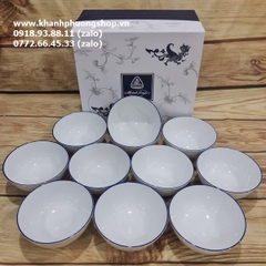 bộ 10 chén cơm sứ Minh Long viền xanh dương - chén cơm sứ Minh Long viền chỉ xanh dương