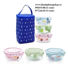 bộ 3 hộp đựng cơm thủy tinh kèm túi giữ nhiệt - hộp đựng cơm thuỷ tinh