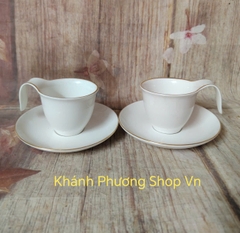 Bộ tách dĩa uống trà Anh Vũ viền vàng gốm sứ Minh Long