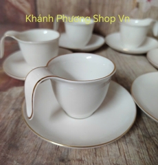 Bộ tách dĩa uống trà Anh Vũ viền vàng gốm sứ Minh Long