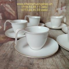 Bộ tách dĩa uống trà Anh Vũ viền vàng gốm sứ Minh Long