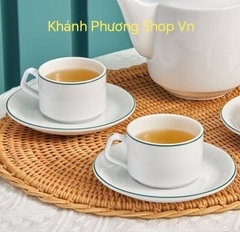 Bộ tách sứ uống trà viền xanh lá 160ml gốm sứ Minh Long