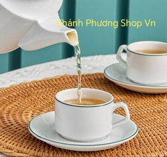 Bộ tách sứ uống trà viền xanh lá 160ml gốm sứ Minh Long
