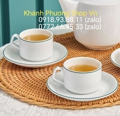 Bộ tách sứ uống trà viền xanh lá 160ml gốm sứ Minh Long