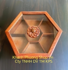 Khay mứt gỗ lục giác 6 ngăn kèm nắp kính cao cấp