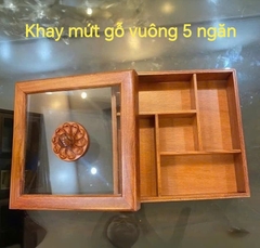 Khay mứt gỗ hình vuông 5 ngăn kèm nắp kính cao cấp