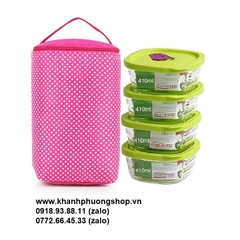 bộ 04 hộp cơm thủy tinh lock&lock 410ml kèm tui giữ nhiệt- hộp thủy tinh lock&lock 410ml