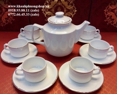 bộ ấm trà sứ trắng Minh Long viền vàng 0.8L - bộ ấm trà sứ Minh Long viền chỉ vàng