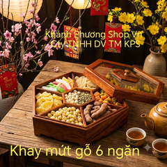 Khay mứt gỗ lục giác 6 ngăn kèm nắp kính cao cấp