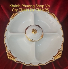 Khay đựng bánh mứt gốm sứ Minh Long viền vàng