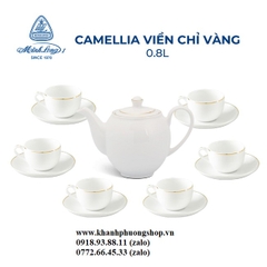 bộ ấm trà sứ trắng Minh Long viền vàng 0.8L - bộ ấm trà sứ Minh Long viền chỉ vàng
