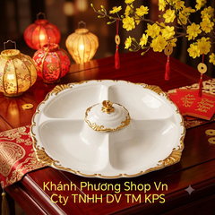 Khay đựng bánh mứt gốm sứ Minh Long viền vàng