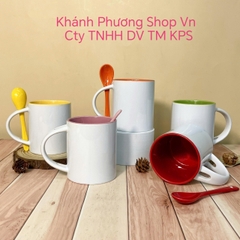 Bộ ly sứ trắng lòng tráng màu kèm muỗng cực xịn