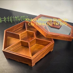 Khay mứt gỗ lục giác 6 ngăn kèm nắp kính cao cấp
