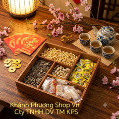 Khay mứt gỗ hình vuông 5 ngăn kèm nắp kính cao cấp