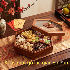 Khay mứt gỗ lục giác 6 ngăn kèm nắp kính cao cấp